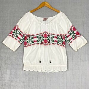 Juicy Couture Womens Peasant Top Size 6 Boho Embroidered Floral 100% Cotton